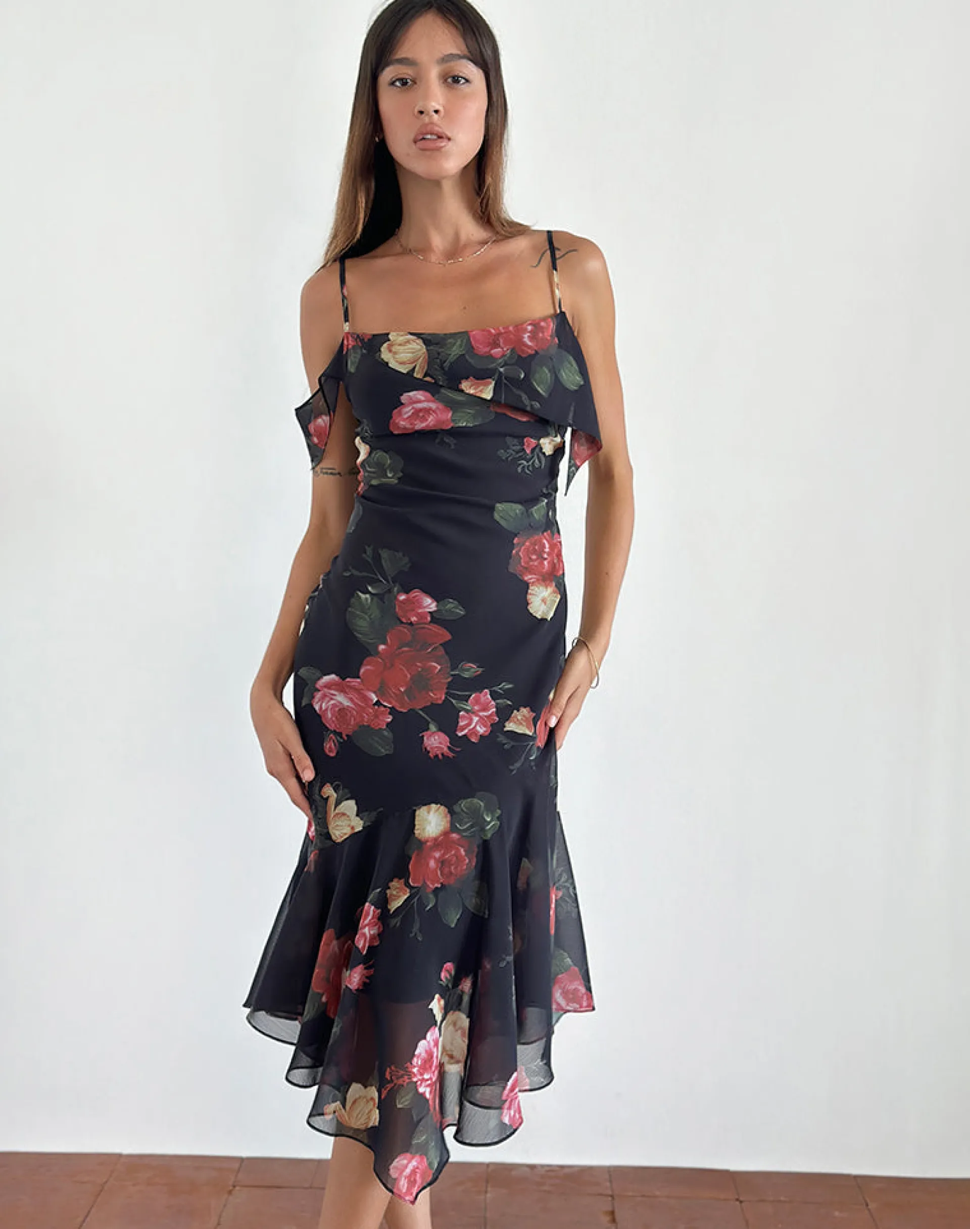 Motel Rocks Printed Dresses | Party Dresses-Dansya Midi Dress in Renaissance Rose Black RenaissanceRoseBlack