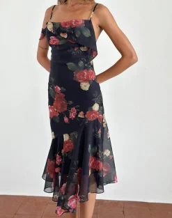 Motel Rocks Printed Dresses | Party Dresses-Dansya Midi Dress in Renaissance Rose Black RenaissanceRoseBlack