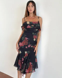 Motel Rocks Printed Dresses | Party Dresses-Dansya Midi Dress in Renaissance Rose Black RenaissanceRoseBlack