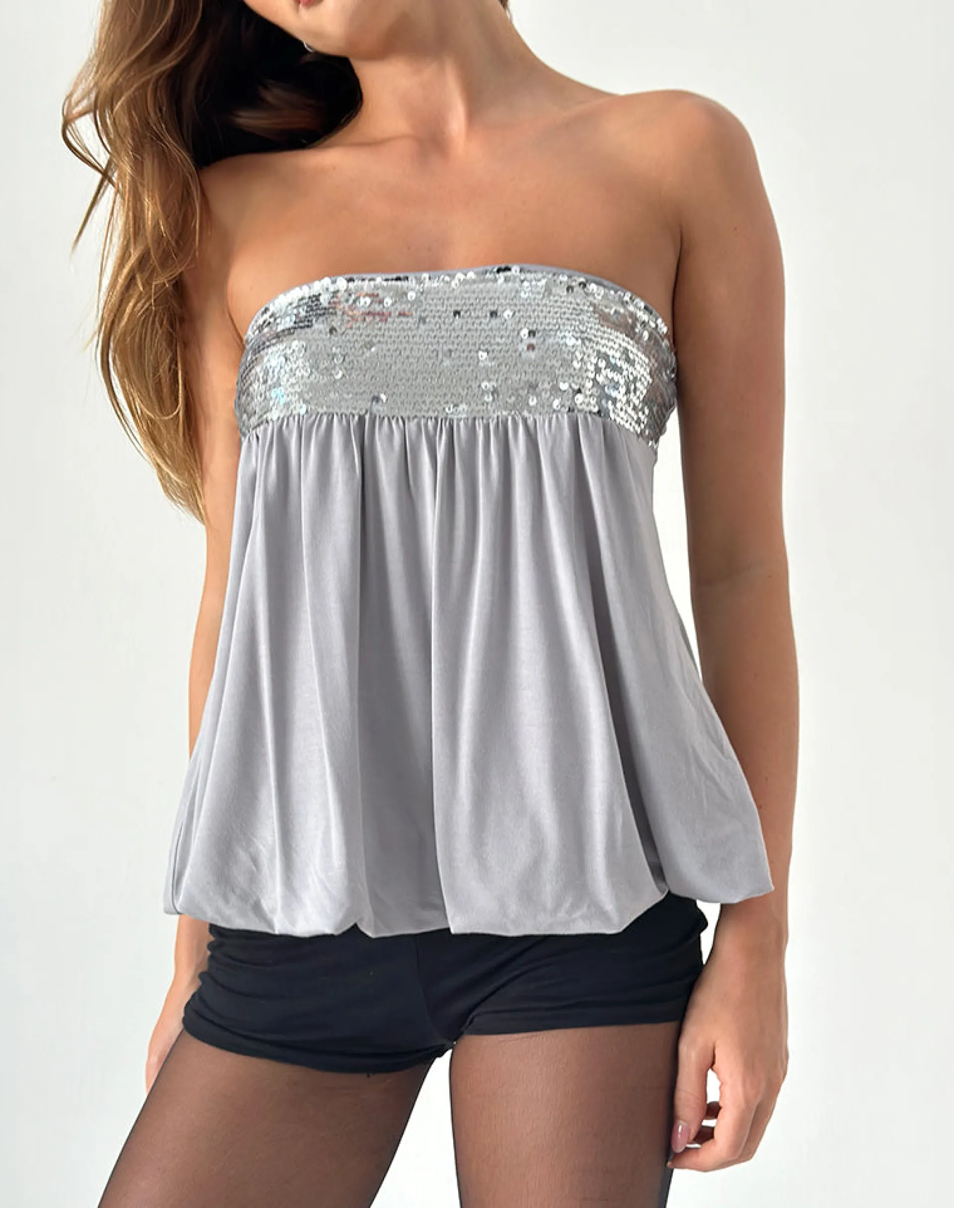 Motel Rocks Bandeau Tops | Sequin Tops-Danuta Longline Bandeau Top in Sequin Grey