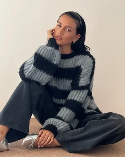 Motel Rocks Jumpers-Daren Jumper in Grey and Charcoal Stripes GreyandCharcoalStripes