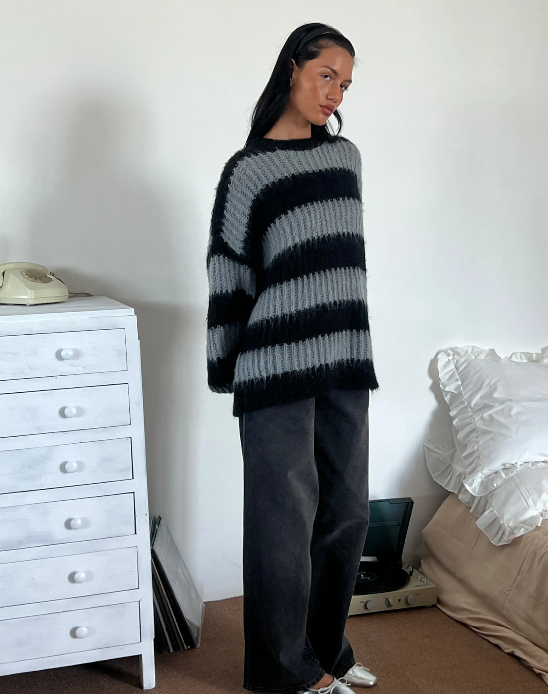 Motel Rocks Jumpers-Daren Jumper in Grey and Charcoal Stripes GreyandCharcoalStripes