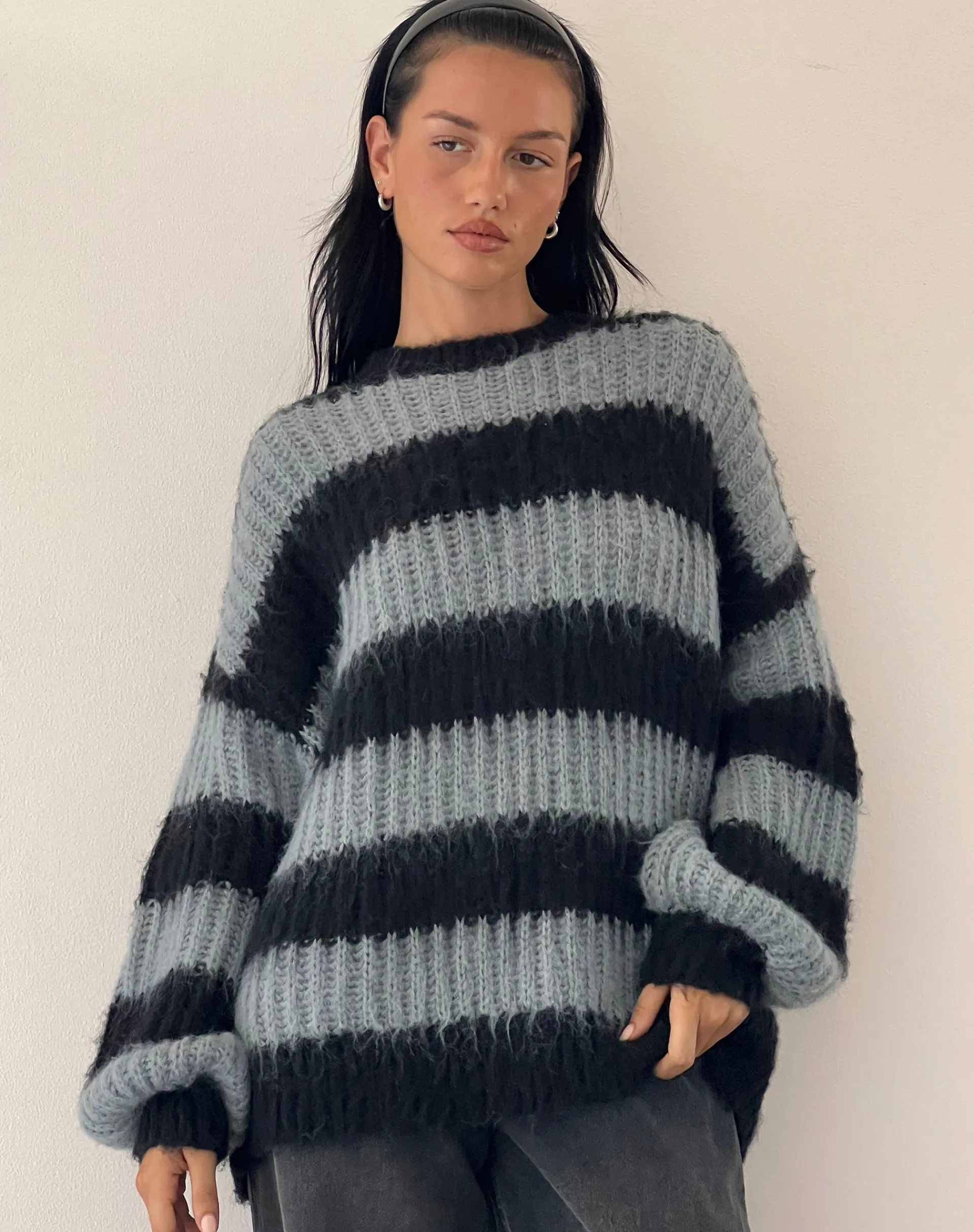 Motel Rocks Jumpers-Daren Jumper in Grey and Charcoal Stripes GreyandCharcoalStripes