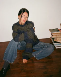 Motel Rocks Basics | Jumpers-Daren Knitted Oversized Jumper in Khaki and Navy Blue Stripe KhakiandNavyBlueStripe