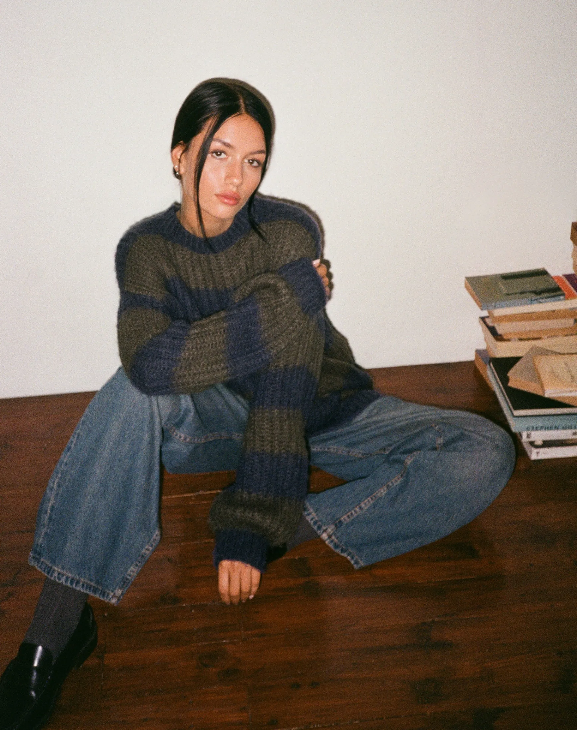 Motel Rocks Basics | Jumpers-Daren Knitted Oversized Jumper in Khaki and Navy Blue Stripe KhakiandNavyBlueStripe