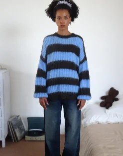 Motel Rocks Jumpers-Daren Knitted Oversized Jumper in Brown and Blue Stripe BrownandBlueStripe