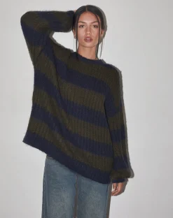Motel Rocks Basics | Jumpers-Daren Knitted Oversized Jumper in Khaki and Navy Blue Stripe KhakiandNavyBlueStripe