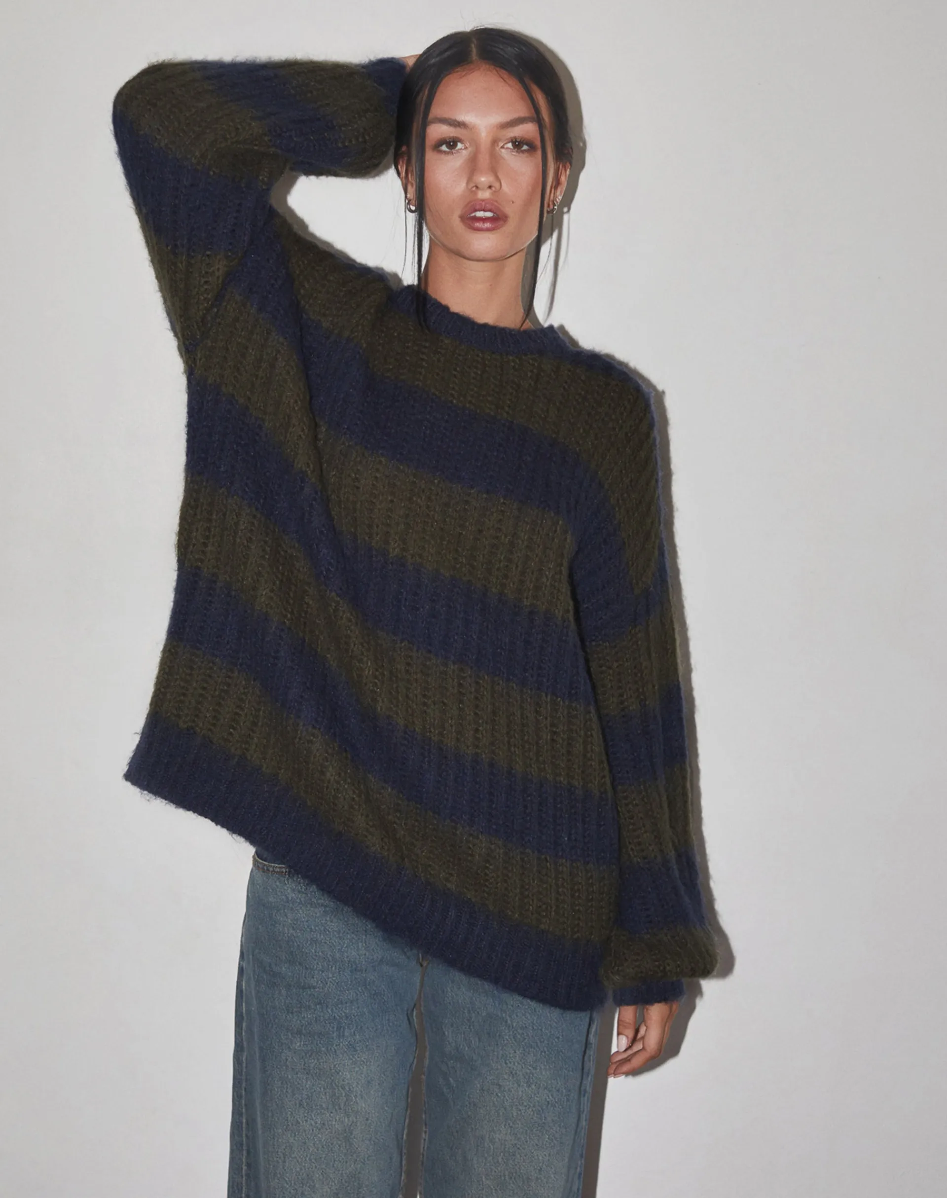 Motel Rocks Basics | Jumpers-Daren Knitted Oversized Jumper in Khaki and Navy Blue Stripe KhakiandNavyBlueStripe