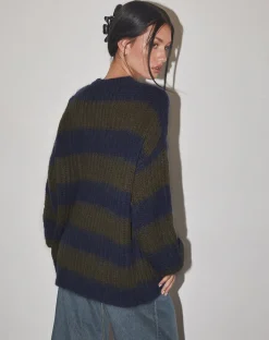 Motel Rocks Basics | Jumpers-Daren Knitted Oversized Jumper in Khaki and Navy Blue Stripe KhakiandNavyBlueStripe