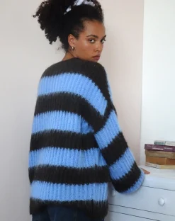 Motel Rocks Jumpers-Daren Knitted Oversized Jumper in Brown and Blue Stripe BrownandBlueStripe