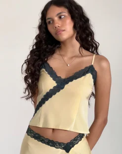 Motel Rocks Co-Ords | Strappy Tops-Darena Cami Top in Buttermilk with Grey Lace