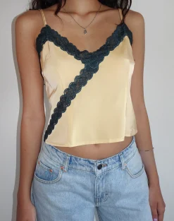 Motel Rocks Co-Ords | Strappy Tops-Darena Cami Top in Buttermilk with Grey Lace