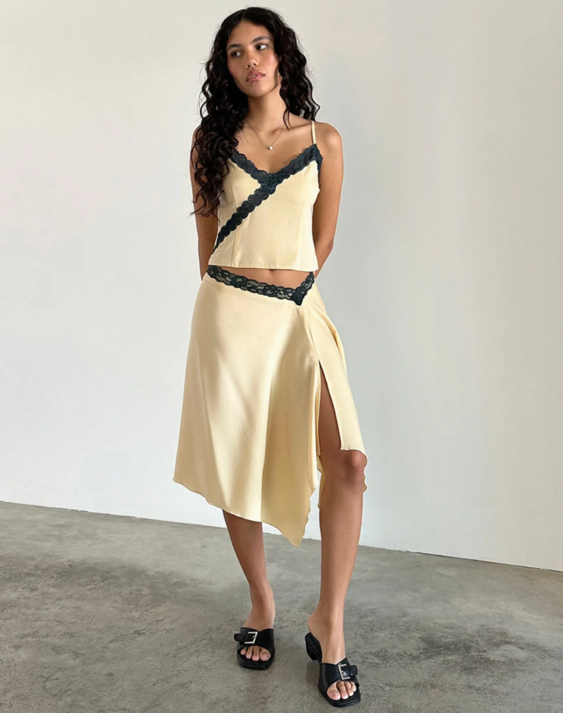 Motel Rocks Co-Ords | Strappy Tops-Darena Cami Top in Buttermilk with Grey Lace