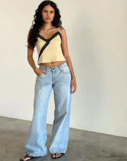 Motel Rocks Co-Ords | Strappy Tops-Darena Cami Top in Buttermilk with Grey Lace