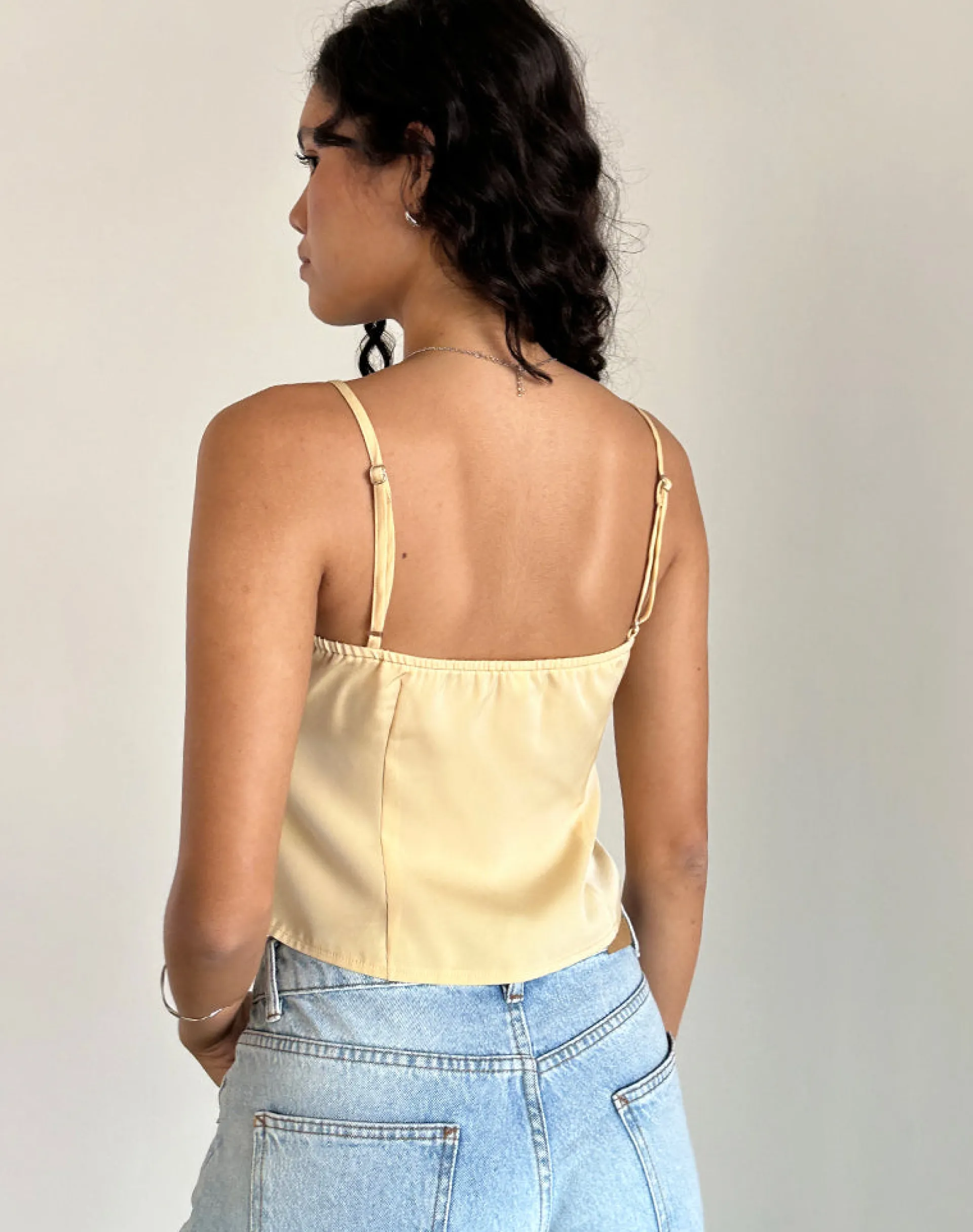 Motel Rocks Co-Ords | Strappy Tops-Darena Cami Top in Buttermilk with Grey Lace