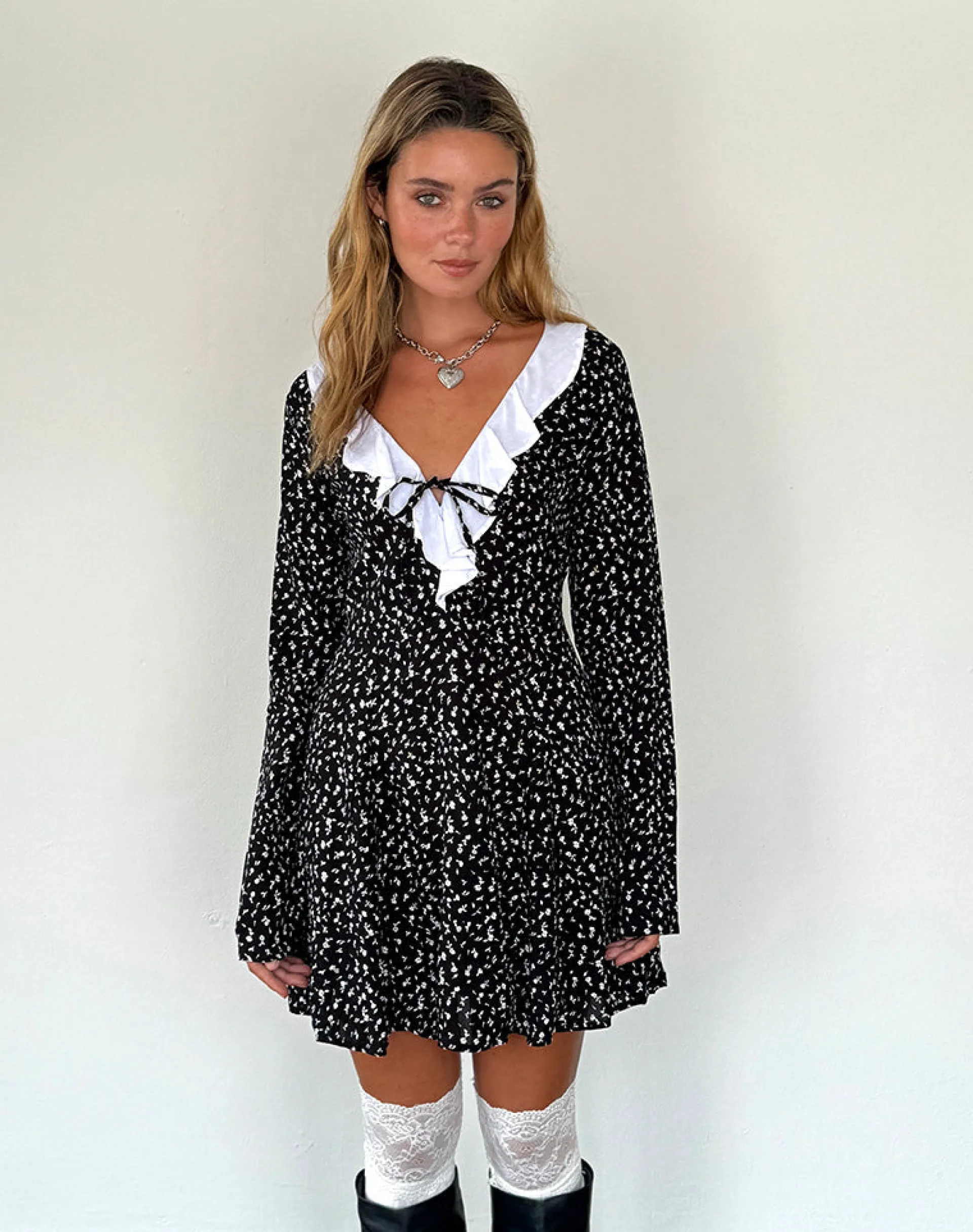 Motel Rocks Printed Dresses | Day Dresses-Darira Long Sleeve Mini Dress in Ditsy Romance Black