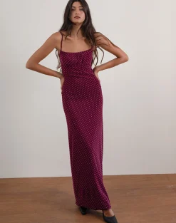 Motel Rocks Printed Dresses | Bodycon Dresses-Darsih Maxi Dress in Basic Polka Flock Berry BasicPolkaFlockBerry