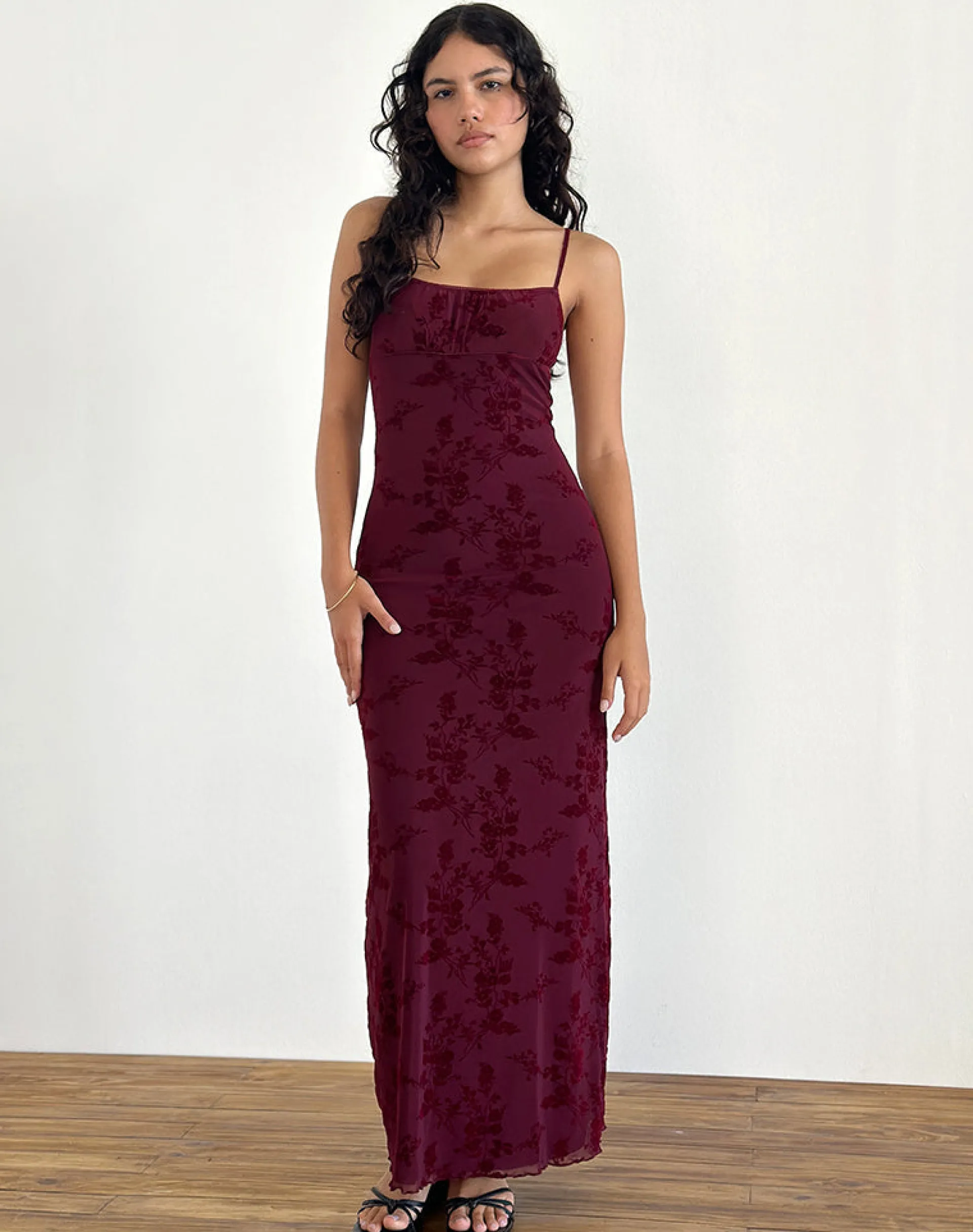 Motel Rocks Printed Dresses | Bodycon Dresses-Darsih Maxi Dress in Botanical Flower Maroon BotanicalFlowerMaroon
