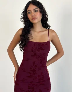 Motel Rocks Printed Dresses | Bodycon Dresses-Darsih Maxi Dress in Botanical Flower Maroon BotanicalFlowerMaroon