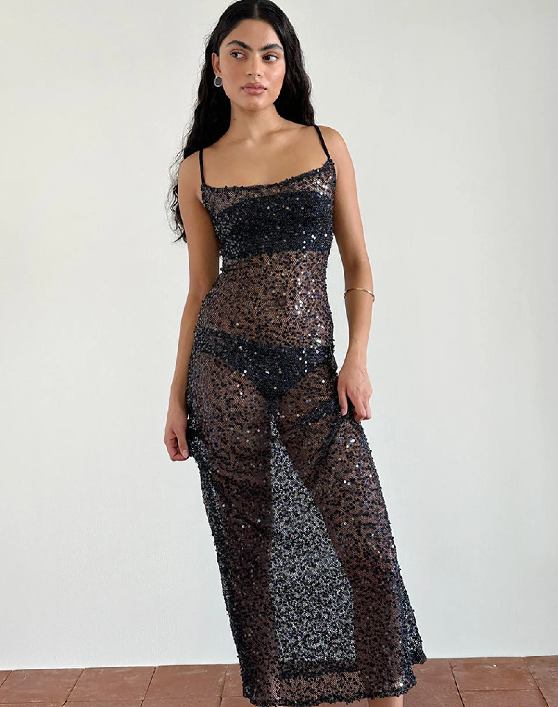 Motel Rocks Little Black Dresses | Party Dresses-Darsih Maxi Dress in Sequin Mesh Black SequinMeshBlack