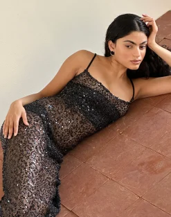 Motel Rocks Little Black Dresses | Party Dresses-Darsih Maxi Dress in Sequin Mesh Black SequinMeshBlack