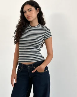 Motel Rocks Printed Tops | Tees-Dartis Top in Navy and Grey Jersey Stripe