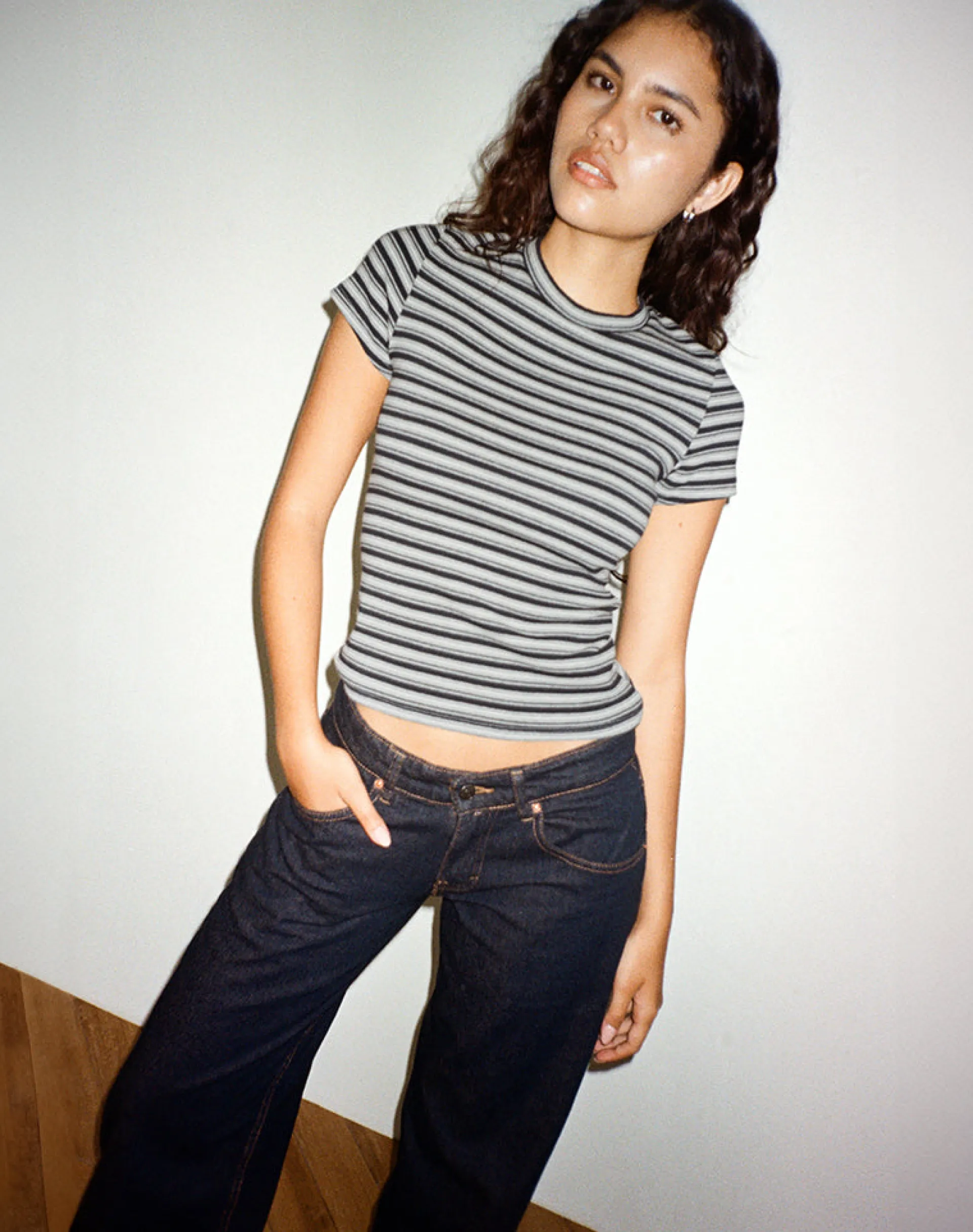 Motel Rocks Printed Tops | Tees-Dartis Top in Navy and Grey Jersey Stripe