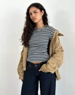 Motel Rocks Printed Tops | Tees-Dartis Top in Navy and Grey Jersey Stripe