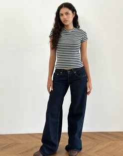 Motel Rocks Printed Tops | Tees-Dartis Top in Navy and Grey Jersey Stripe