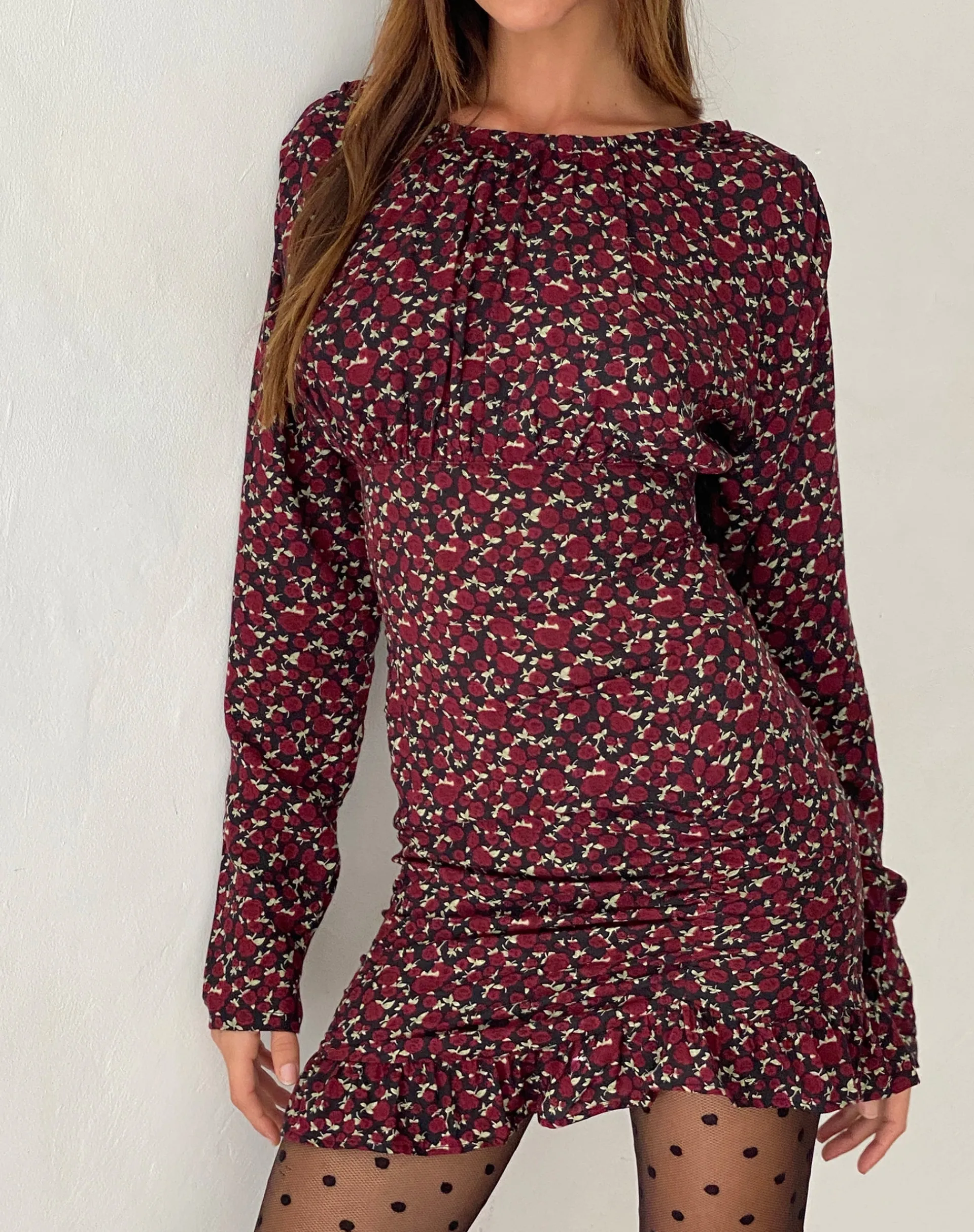 Motel Rocks Printed Dresses | Long Sleeve Dresses-Dawsen Long Sleeve Ruched Mini Dress in Dark Rhoslyn Ditsy Print