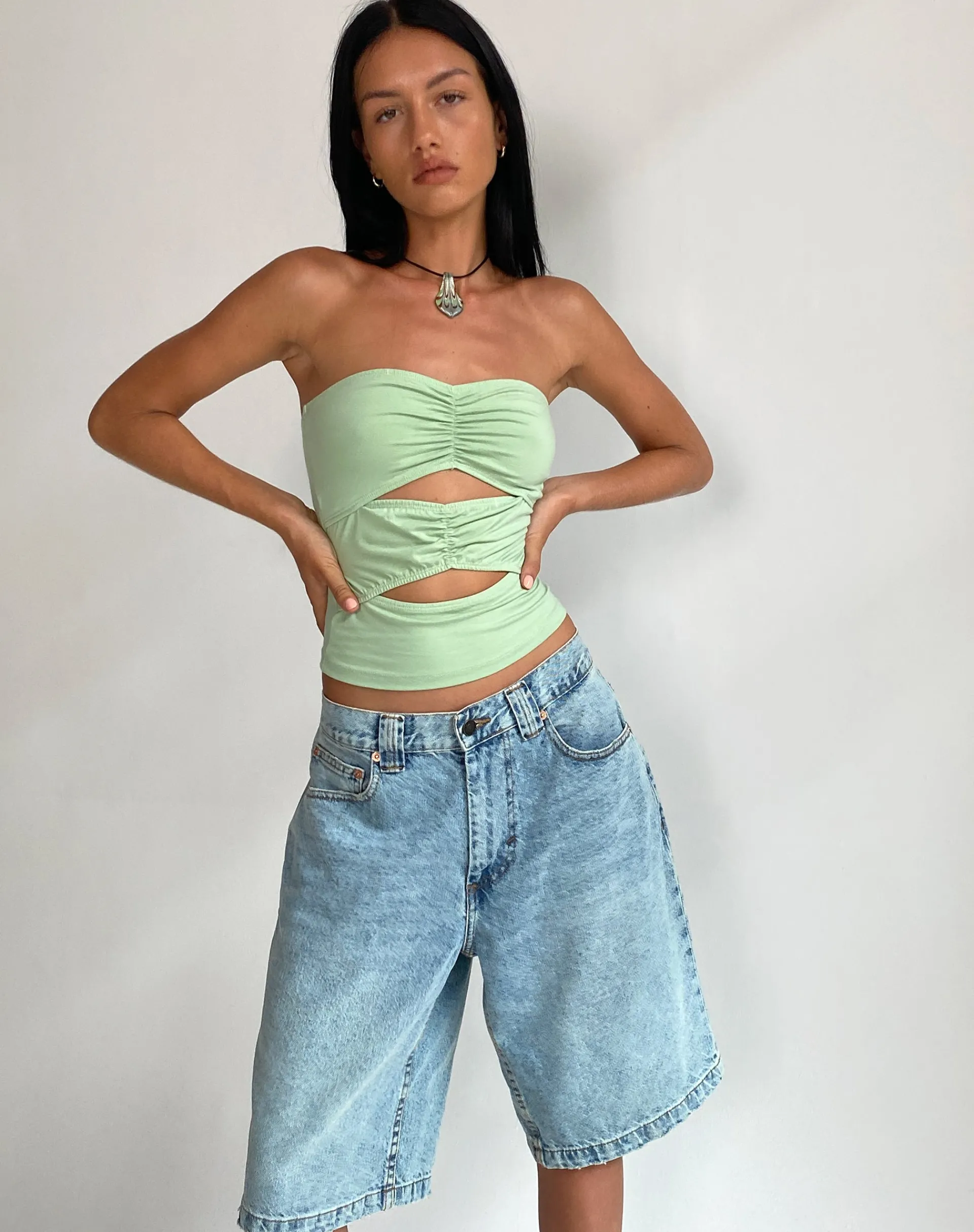 Motel Rocks Bandeau Tops-Dayu Bandeau Crop Top in Silver Sage silversage