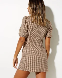 Motel Rocks Printed Dresses | Mini Dresses-Deja Dress in Mini Gingham Brown