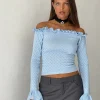 Motel Rocks Long Sleeve Tops-Delaney Knitted Frill Bardot Top in Baby Blue