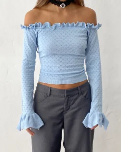 Motel Rocks Long Sleeve Tops-Delaney Knitted Frill Bardot Top in Baby Blue