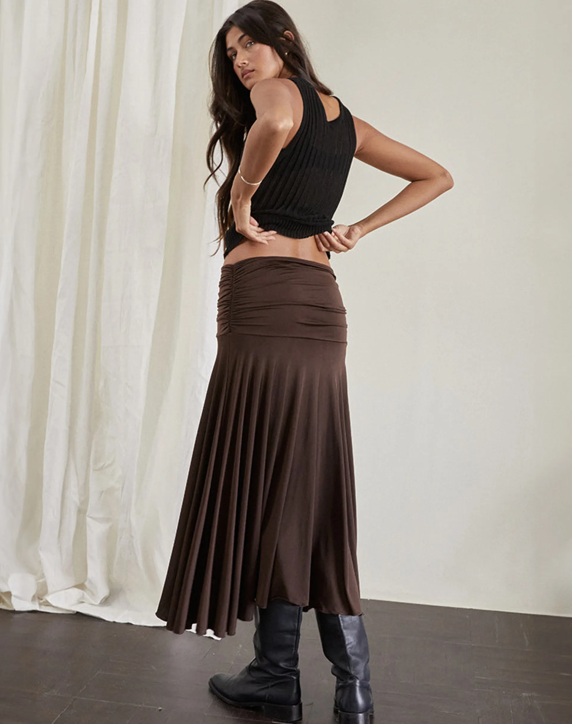 Motel Rocks Co-Ords | A Line Skirts-Delta Midi Skirt in Slinky Chocolate