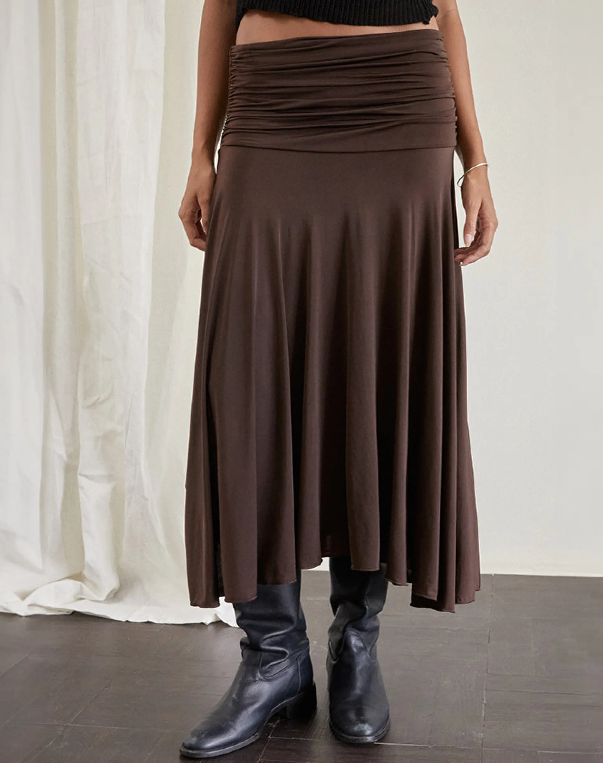 Motel Rocks Co-Ords | A Line Skirts-Delta Midi Skirt in Slinky Chocolate