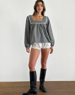 Motel Rocks Shirts And Blouses | Printed Tops-Demona Top in Tonal Gingham Black and Grey