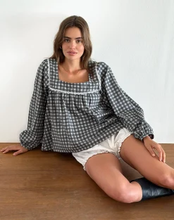 Motel Rocks Shirts And Blouses | Printed Tops-Demona Top in Tonal Gingham Black and Grey