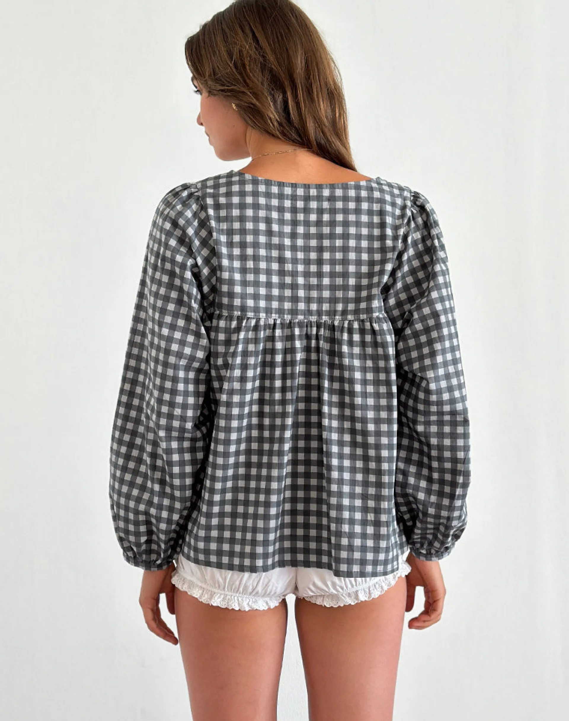 Motel Rocks Shirts And Blouses | Printed Tops-Demona Top in Tonal Gingham Black and Grey