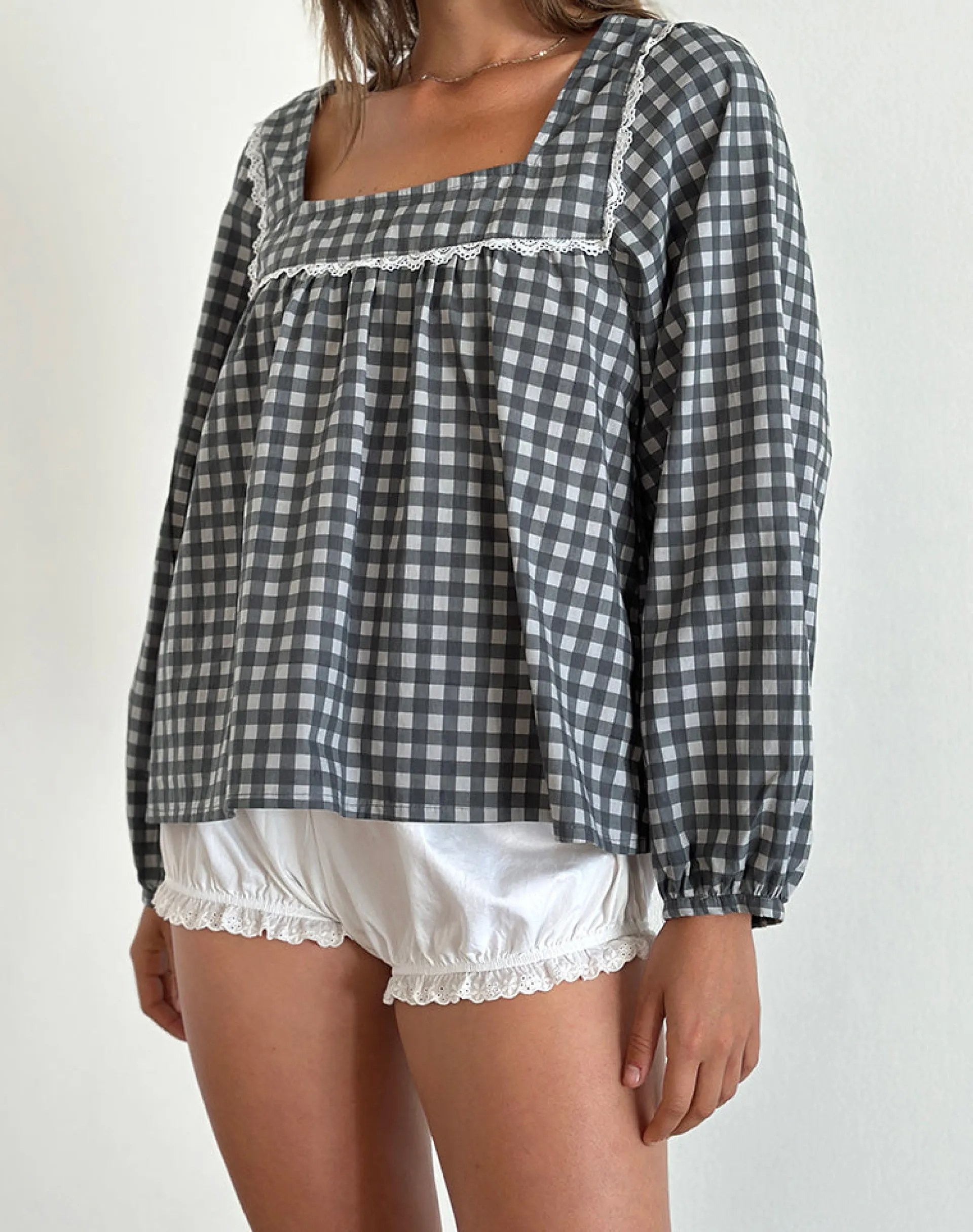 Motel Rocks Shirts And Blouses | Printed Tops-Demona Top in Tonal Gingham Black and Grey