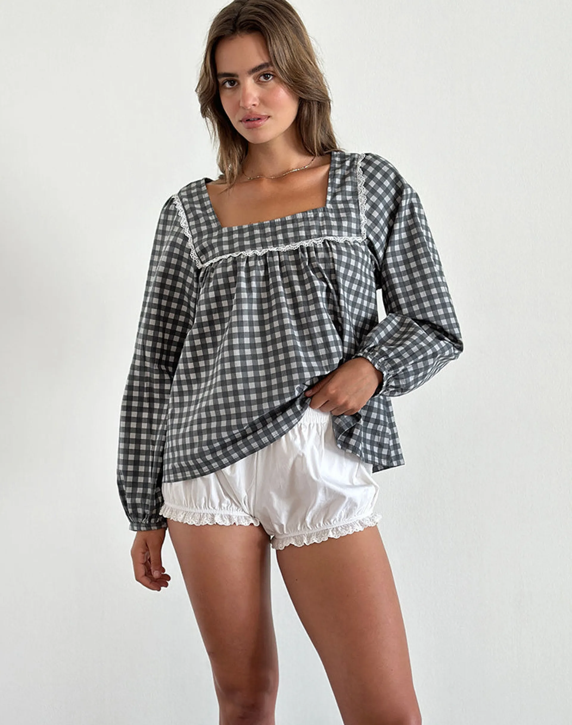 Motel Rocks Shirts And Blouses | Printed Tops-Demona Top in Tonal Gingham Black and Grey