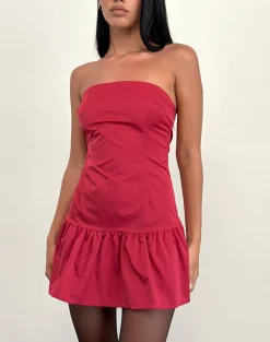 Motel Rocks Bandeau Dresses | Party Dresses-Denama Puffball Mini Dress in Deep Red