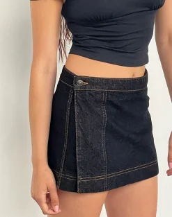 Motel Rocks A Line Skirts | Denim Skirts-Denim Mini Wrap Skirt in Indigo