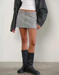 Motel Rocks Denim Skirts | Mini Skirts-Denim Raw Hem Mini Skirt in Grey Bleach GreyBleach