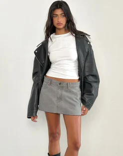 Motel Rocks Denim Skirts | Mini Skirts-Denim Raw Hem Mini Skirt in Grey Bleach GreyBleach
