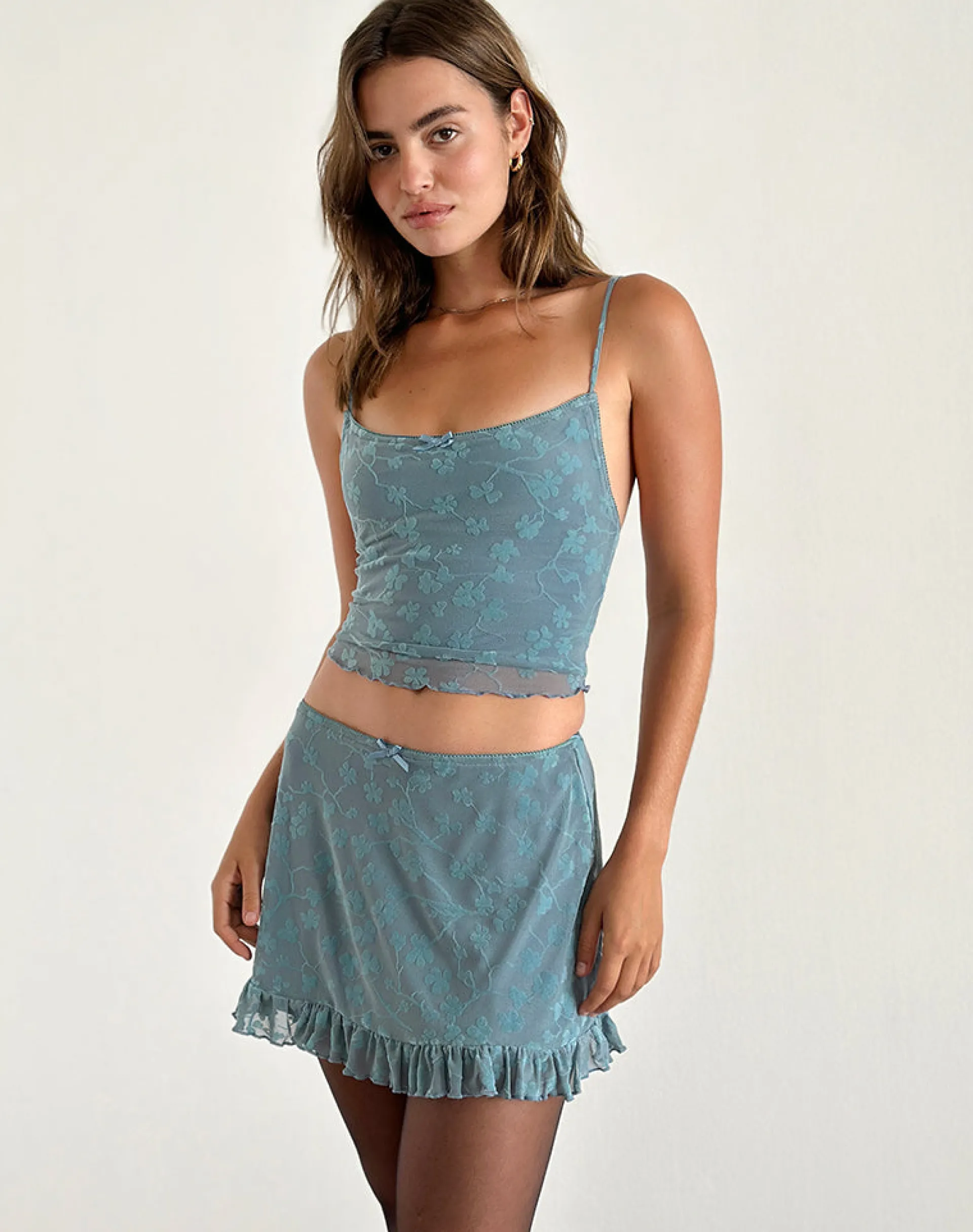 Motel Rocks Co-Ords | Printed Tops-Deri Cami Top in Grunge Floral Blue Grey