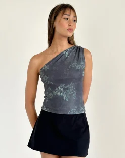 Motel Rocks Printed Tops | Going Out Tops-Derse One Shoulder Top in Faded Botanical Green FadedBotanicalGreen