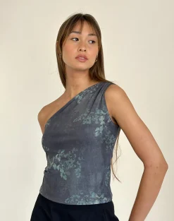 Motel Rocks Printed Tops | Going Out Tops-Derse One Shoulder Top in Faded Botanical Green FadedBotanicalGreen