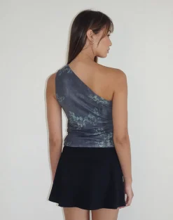 Motel Rocks Printed Tops | Going Out Tops-Derse One Shoulder Top in Faded Botanical Green FadedBotanicalGreen