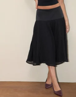 Motel Rocks A Line Skirts | Midi Skirts-Diera Satin Chiffon Midi Skirt in Black
